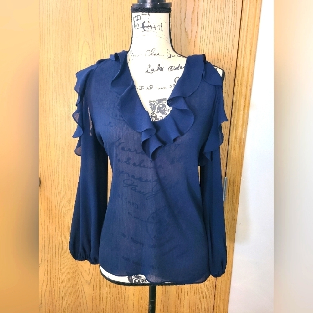Alice + Olivia Navy V-neck Ruffle Long Sleeved Cold Shoulder Top